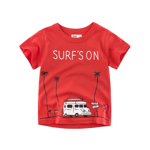 Boys Short Sleeve T-Shirt Cotton Surf Print Cartoon Van Summer Casual Round Neck Rust Red Toddler Tee