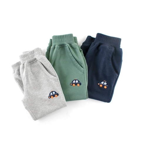 Kids Cotton Joggers Pants Elastic Waist Ribbed Cuffs Cartoon Car Embroidery Soft Breathable Trousers For Boys