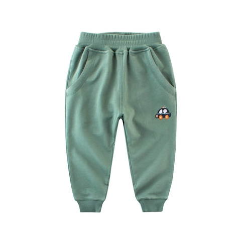 Kids Cotton Joggers Pants Elastic Waist Ribbed Cuffs Cartoon Car Embroidery Soft Breathable Trousers For Boys
