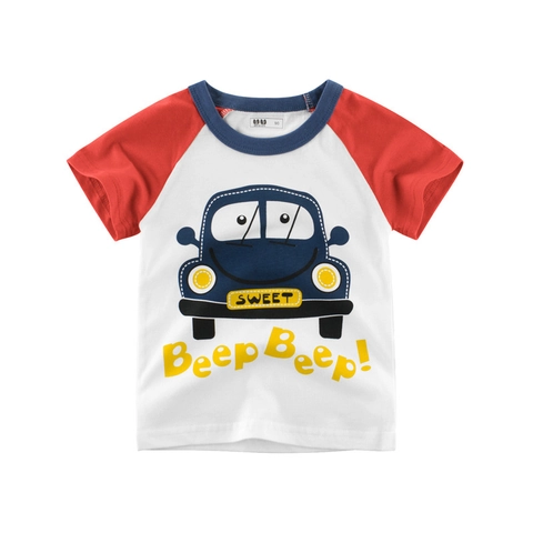 Kids Cotton Short Sleeve T-Shirt Cartoon Car Print Raglan Contrast Color Summer Casual Boys Girls Round Neck Top