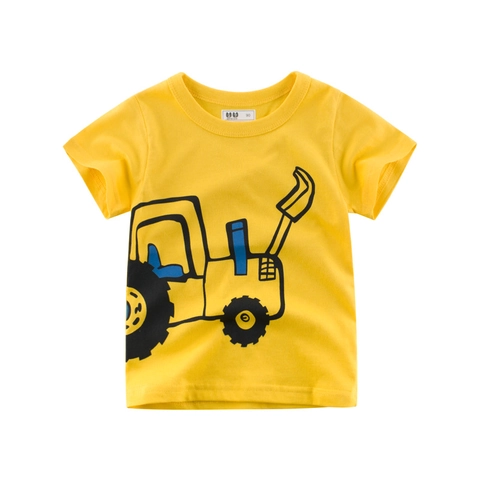 Kids T-Shirt Short Sleeve Cotton Top Round Neck Cartoon Excavator Pattern Yellow Soft Breathable For Toddler Boys Girls