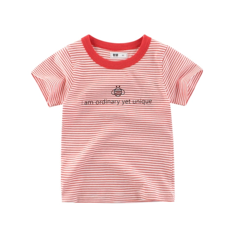 Kids Cotton Short Sleeve Striped T-Shirt Casual Bee Pattern Letter Print Round Neck Soft Breathable Summer Toddler Boy Girl Top