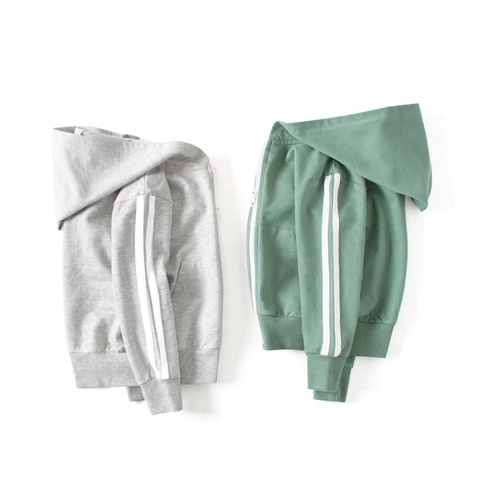 Kids Hooded Zip Up Jacket 100% Cotton Sporty Sweatshirt With Contrast Stripes Toddler Boys Girls Casual Long Sleeve Coat