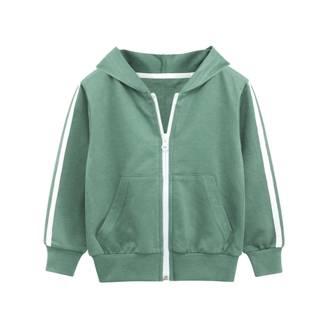 Kids Hooded Zip Up Jacket 100% Cotton Sporty Sweatshirt With Contrast Stripes Toddler Boys Girls Casual Long Sleeve Coat