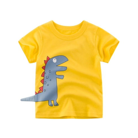 Kids Boys Cotton Short Sleeve T-Shirt Cartoon Dinosaur Print With Dimensional Tail Summer Crew Neck Top