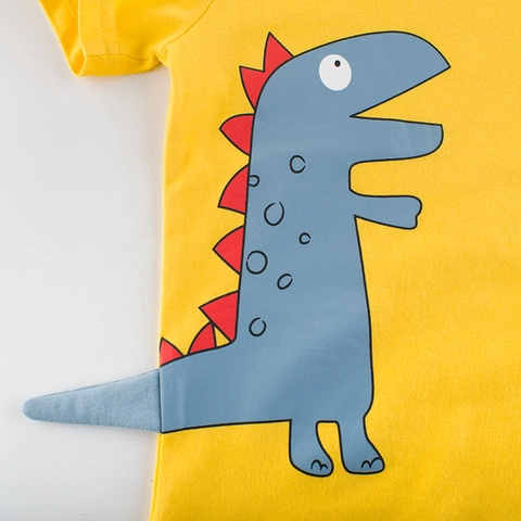 Kids Boys Cotton Short Sleeve T-Shirt Cartoon Dinosaur Print With Dimensional Tail Summer Crew Neck Top