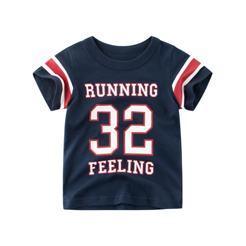 Kids Cotton Short Sleeve T-Shirt Varsity Style Letter Running 32 Feeling Print Round Neck Navy Blue Top For Boys Girls Summer Wear