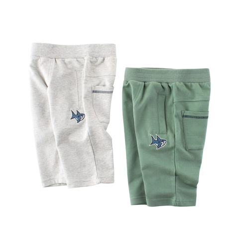 Kids Cropped Pants Cotton Elastic Waist Casual Sports Shorts With Cartoon Shark Embroidery For Toddler Boys Girls
