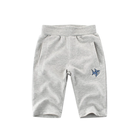 Kids Cropped Pants Cotton Elastic Waist Casual Sports Shorts With Cartoon Shark Embroidery For Toddler Boys Girls