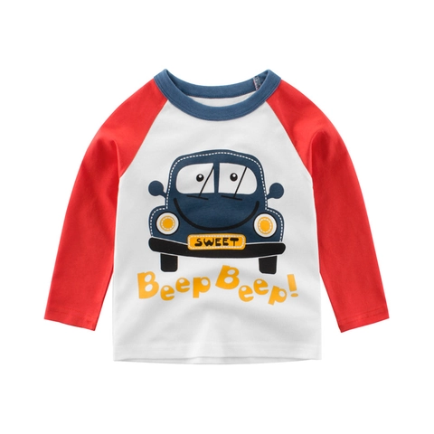 Camiseta De Manga Larga Para Niños Algodón Mangas Ranglán Estampado De Coche De Dessin Animé Cuello Redondo Casual