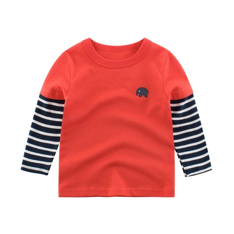 Kids Long Sleeve T-Shirt Cotton Layered Design Striped Sleeve Elephant Embroidery Crew Neck Toddler Top