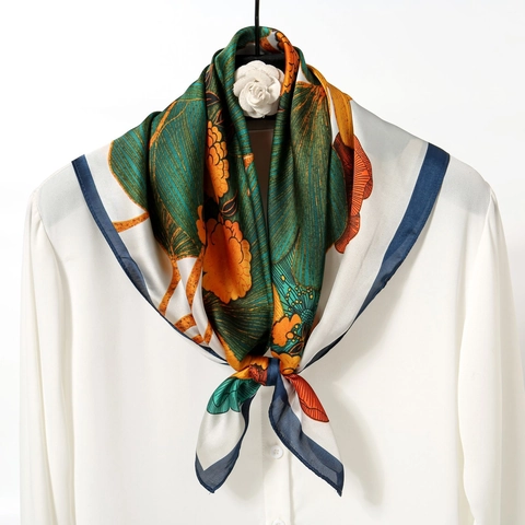 Women Retro Ginkgo Leaf Floral Print Satin Square Scarf Elegant Fashion Neck Scarf For Daily Office Commute Accessory