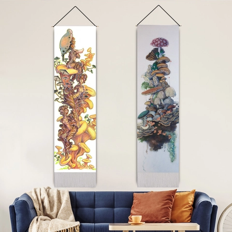 Tapisserie Murale Verticale En Mélange Polyester Coton Lin Champignon Forêt Fantastique Avec Tige En Bois Et Gland