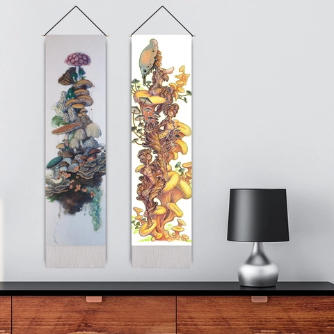 Tapisserie Murale Verticale En Mélange Polyester Coton Lin Champignon Forêt Fantastique Avec Tige En Bois Et Gland