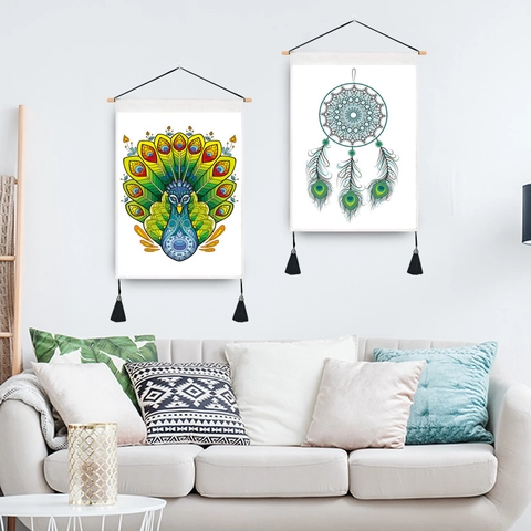 Bohemian Wall Hanging Tapestry Polyester Cotton Cloth With Wooden Pole And Tassels For Living Room Bedroom Decor Art