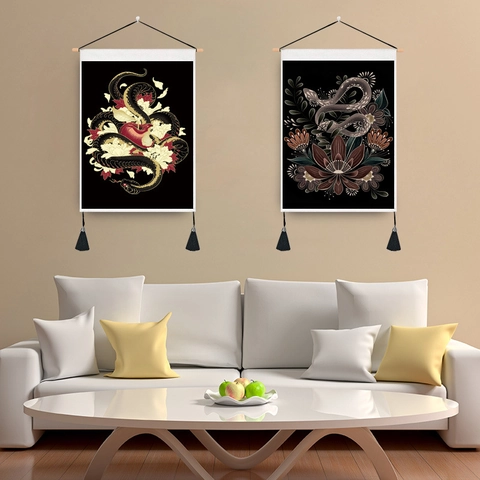 Serpent Flower Moon Phase Wall Hanging Tapestry Polyester Cotton Fabric Scroll Painting With Wood Pole And Tassels For Decor