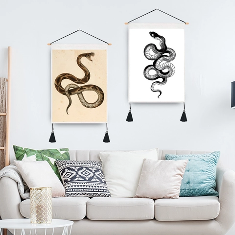 Serpent Flower Moon Phase Wall Hanging Tapestry Polyester Cotton Fabric Scroll Painting With Wood Pole And Tassels For Decor