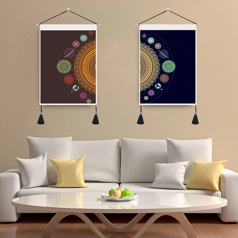 Wall Hanging Tapestry Polyester Cotton Fabric Wood Rod Moon Phase Mandala Galaxy Pattern Tassels Boho Home Decor