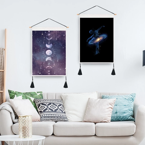 Wall Hanging Tapestry Polyester Cotton Fabric Wood Rod Moon Phase Mandala Galaxy Pattern Tassels Boho Home Decor