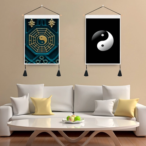 Tai Chi Yin Yang Bagua Wandtapijt Polyester Katoen Stof Houten Stok Kwasten Oriëntaalse Zen Kunst Decoratie