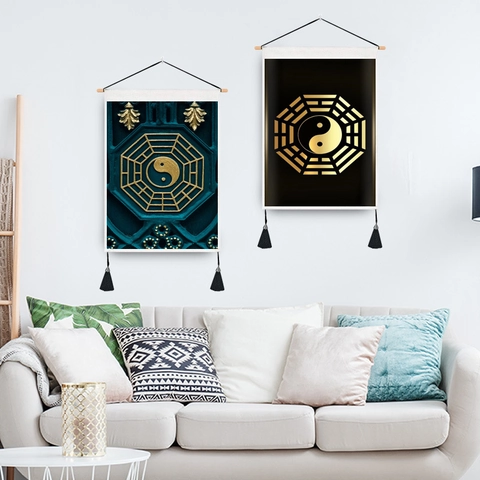 Tai Chi Yin Yang Bagua Wandtapijt Polyester Katoen Stof Houten Stok Kwasten Oriëntaalse Zen Kunst Decoratie