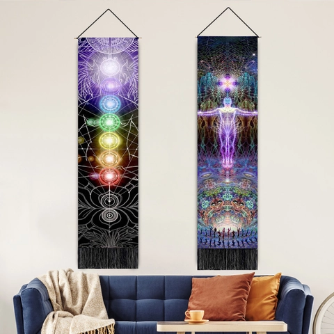 Chakra Mandala Wall Hanging Tapestry Polyester Cotton Long Decorative Scroll With Wooden Pole Tassels Zen Meditation Decor