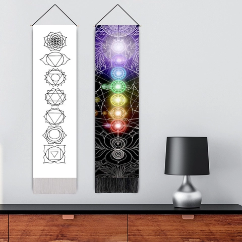 Chakra Mandala Wall Hanging Tapestry Polyester Cotton Long Decorative Scroll With Wooden Pole Tassels Zen Meditation Decor