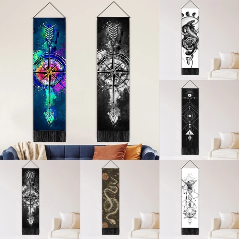 Tapiz De Pared Serpiente Fase Lunar Rosa Algodón Lino Rollo Largo Colgante Con Borlas Barra De Madera Decoración Boho