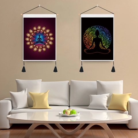 Zen Meditation Buddha Mandala Wall Hanging Scroll Poly-cotton Fabric Tapestry With Wooden Pole And Tassels For Home Decor Yoga Room