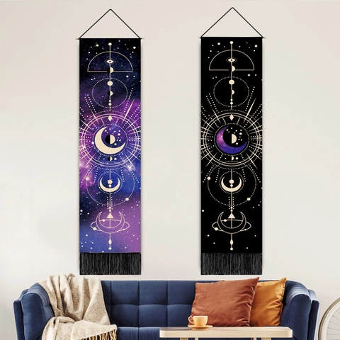 Moon Phase Celestial Wall Hanging Tapestry Long Vertical Decorative Scroll Polyester Cotton Painting With Tassels And Wood Pole For Living Room Bedroom Office Home Decor