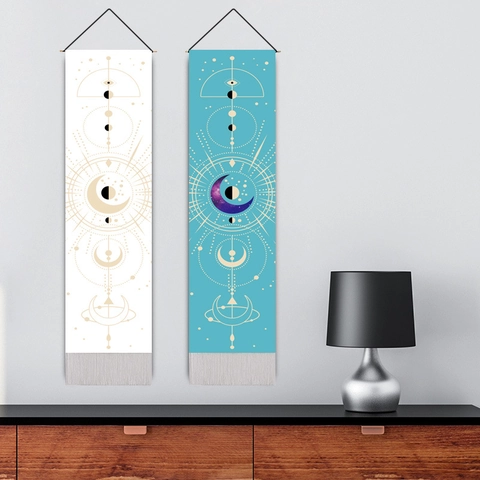 Moon Phase Celestial Wall Hanging Tapestry Long Vertical Decorative Scroll Polyester Cotton Painting With Tassels And Wood Pole For Living Room Bedroom Office Home Decor
