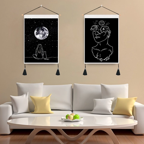 Nordic Minimalist Moon Starry Sky Wall Tapestry Line Art Polyester Cotton Decorative Painting With Wooden Stick Tassels