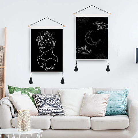 Nordic Minimalist Moon Starry Sky Wall Tapestry Line Art Polyester Cotton Decorative Painting With Wooden Stick Tassels