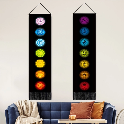 Chakra Symbols Wall Hanging Tapestry Polyester Cotton Long Scroll With Tassels And Wooden Rod Bohemian Zen Meditation Home Decor