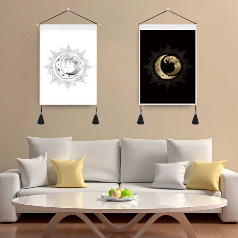 Moderne Minimalistische Wandteppich Polyester Mond Welle Hängende Rolle Mit Holzstange Quasten Nordischer Stil