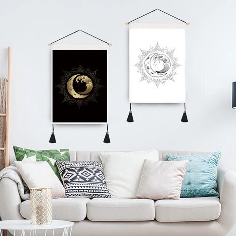 Moderne Minimalistische Wandteppich Polyester Mond Welle Hängende Rolle Mit Holzstange Quasten Nordischer Stil