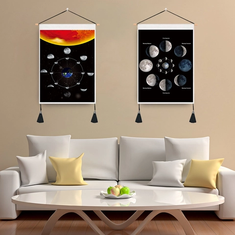 Arazzo Da Parete Fasi Lunari Astronomia Poliestere Cotone Con Asta In Legno E Nappe Stile Nordico Decorazione Casa
