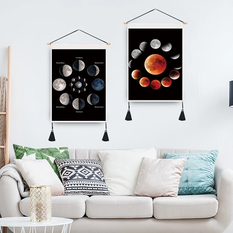 Arazzo Da Parete Fasi Lunari Astronomia Poliestere Cotone Con Asta In Legno E Nappe Stile Nordico Decorazione Casa
