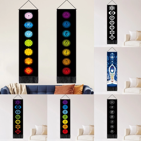 Chakra Symbols Wall Hanging Tapestry Polyester Cotton Long Scroll With Tassels And Wooden Rod Bohemian Zen Meditation Home Decor