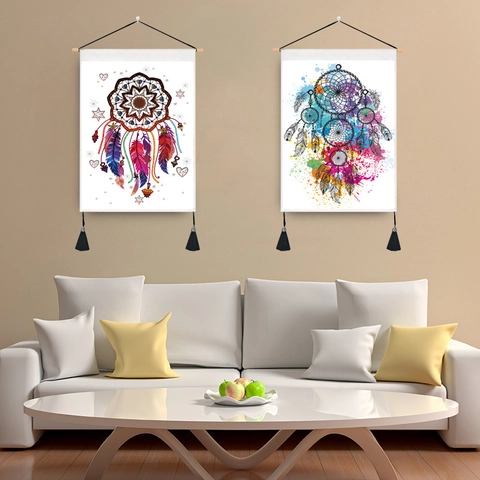 Bohemian Dreamcatcher Wall Hanging Tapestry Cotton Polyester Watercolor Feather Flower Print With Wood Pole Tassel Decor