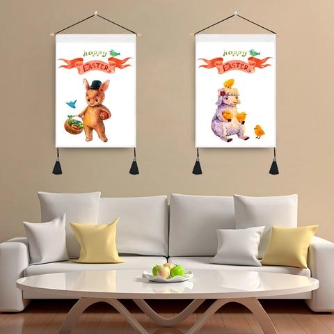 Watercolor Easter Bunny Wall Hanging Tapestry With Wooden Rod Tassel Cartoon Rabbit Chick Egg Decorative Home Art Painting