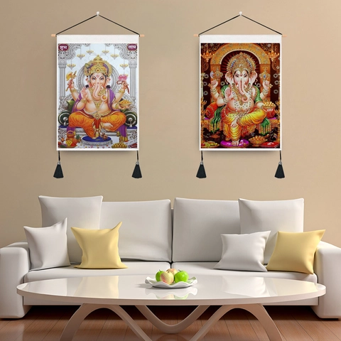 Indian Ganesha Tapestry Wall Hanging Polyester Cotton Fabric With Wooden Rod Tassel Religious Elephant God Banner For Home Room Art Decoration