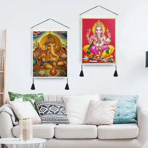 Indian Ganesha Tapestry Wall Hanging Polyester Cotton Fabric With Wooden Rod Tassel Religious Elephant God Banner For Home Room Art Decoration