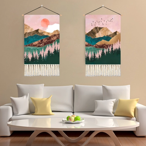 Nordische Abstrakte Landschaft Wandteppich Polyester Baumwolle Hängende Schriftrolle Mit Holzstab Und Quasten Wandkunst