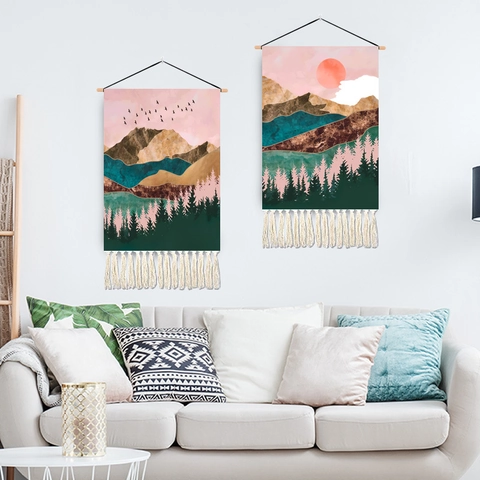 Nordische Abstrakte Landschaft Wandteppich Polyester Baumwolle Hängende Schriftrolle Mit Holzstab Und Quasten Wandkunst
