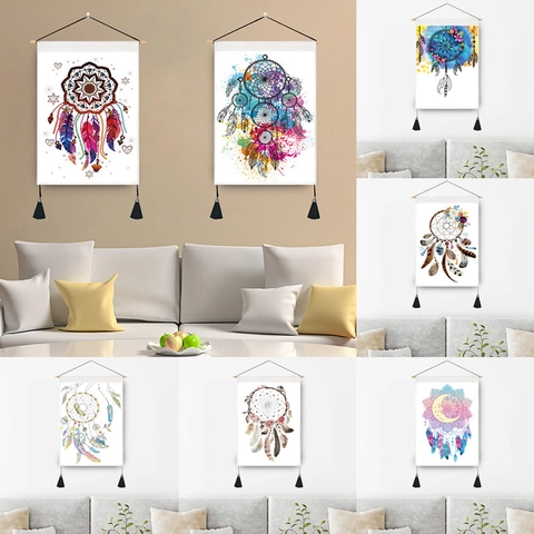 Bohemian Dreamcatcher Wall Hanging Tapestry Cotton Polyester Watercolor Feather Flower Print With Wood Pole Tassel Decor