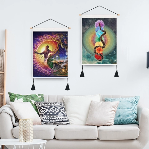 Wandtapijt Polyester Katoen Met Houten Stok En Kwasten Slang Maanfase Bloemenpatroon Boho Mystiek Spiritueel