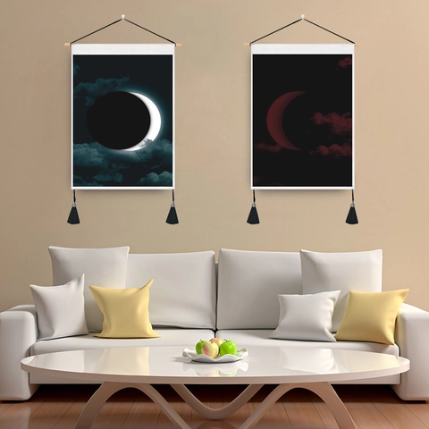 Moon Phase Wall Tapestry Polyester Cotton Hanging Scroll Painting With Wooden Pole And Tassels Home Decor Aesthetic Lunar Eclipse Cycle Mural