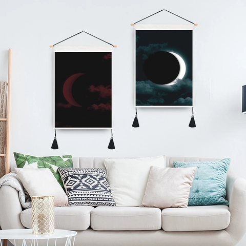Moon Phase Wall Tapestry Polyester Cotton Hanging Scroll Painting With Wooden Pole And Tassels Home Decor Aesthetic Lunar Eclipse Cycle Mural