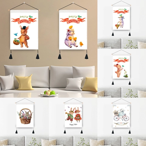 Watercolor Easter Bunny Wall Hanging Tapestry With Wooden Rod Tassel Cartoon Rabbit Chick Egg Decorative Home Art Painting